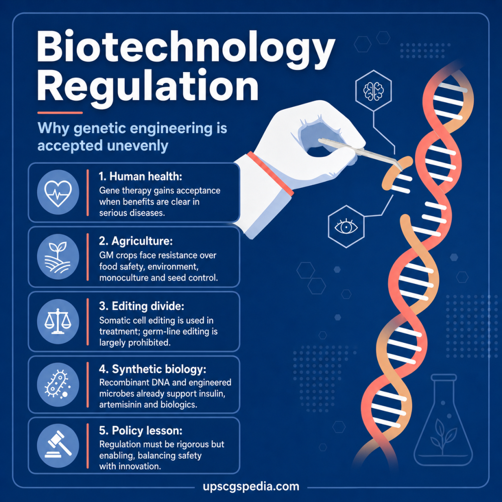 Biotechnology regulation infographic showing DNA editing and uneven public acceptance of genetic engineering.
