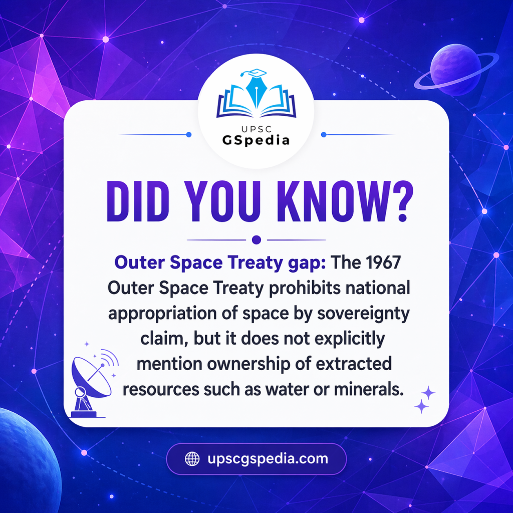 Infographic explaining that the 1967 Outer Space Treaty bans sovereignty claims in space but does not clearly address ownership of extracted resources.