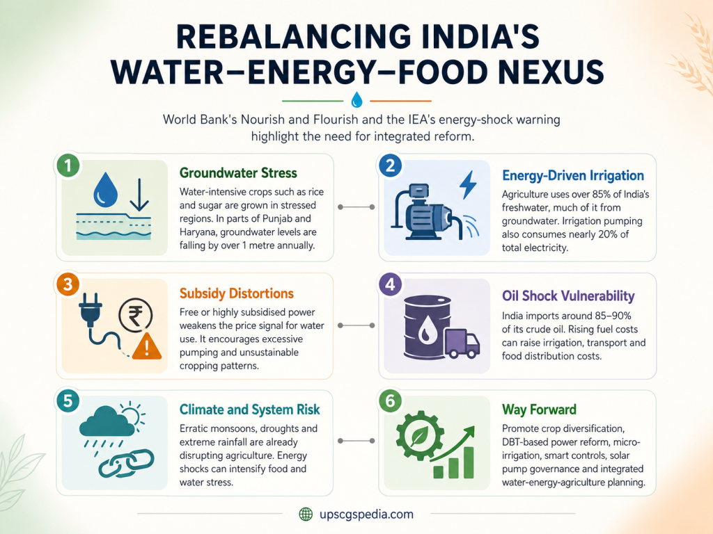 Infographic explaining India’s Water–Energy–Food Nexus, highlighting groundwater stress, energy-driven irrigation, subsidy distortions, oil shock vulnerability, climate risks and integrated reform pathways.