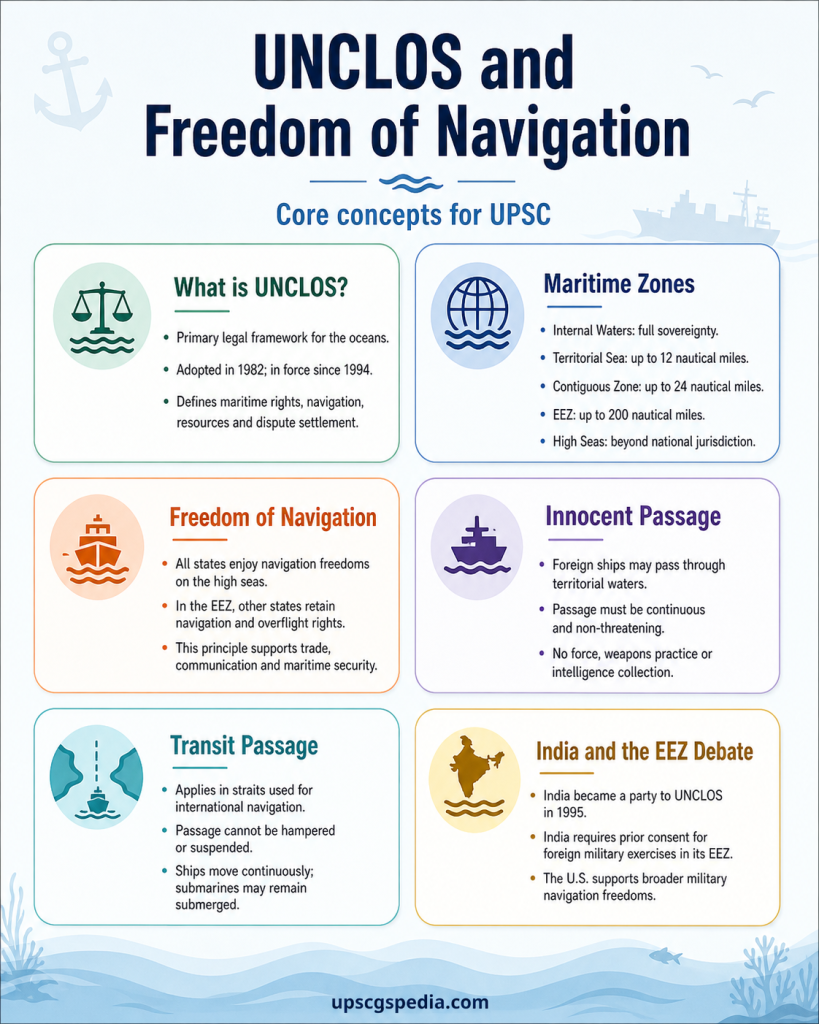 Infographic explaining UNCLOS and Freedom of Navigation for UPSC, covering maritime zones, innocent passage, transit passage, EEZ rights and India’s position.