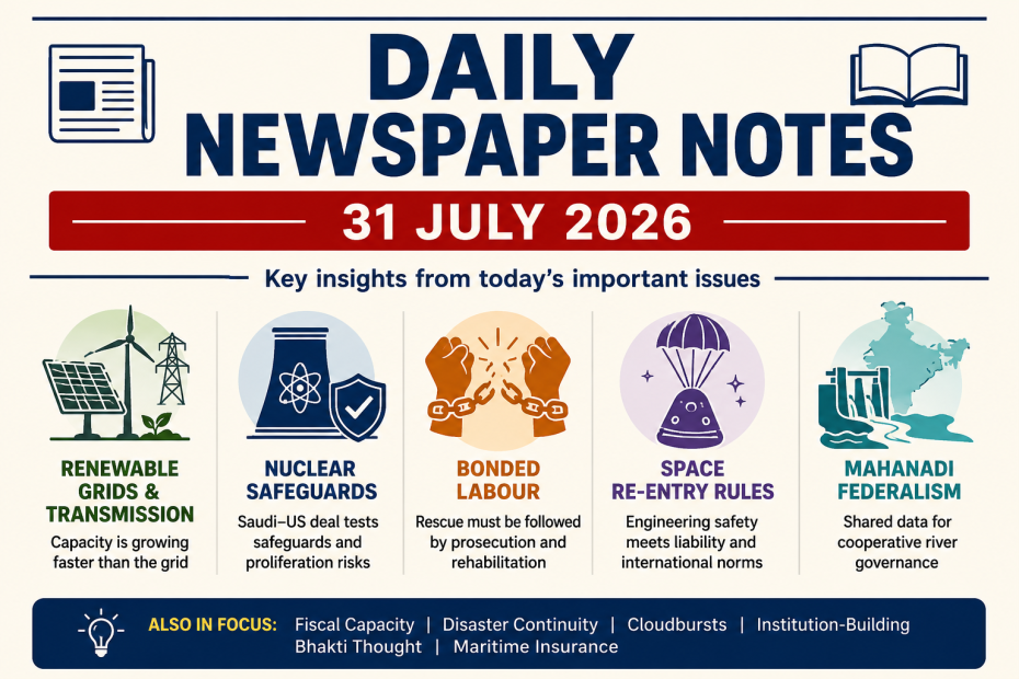 Daily Newspaper Notes 31 July 2026 infographic with five topic panels on renewable grids, nuclear safeguards, bonded labour, space re-entry rules, and Mahanadi federalism, plus micro notes on cloudbursts and maritime insurance.
