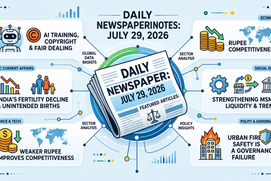 Infographic for UPSC Daily Newspaper Notes (July 29, 2026) featuring five key current affairs topics: AI Training & Copyright, India's Fertility Decline, Weaker Rupee & Competitiveness, MSME Liquidity & TReDS, and Urban Fire Safety as Governance Failure.