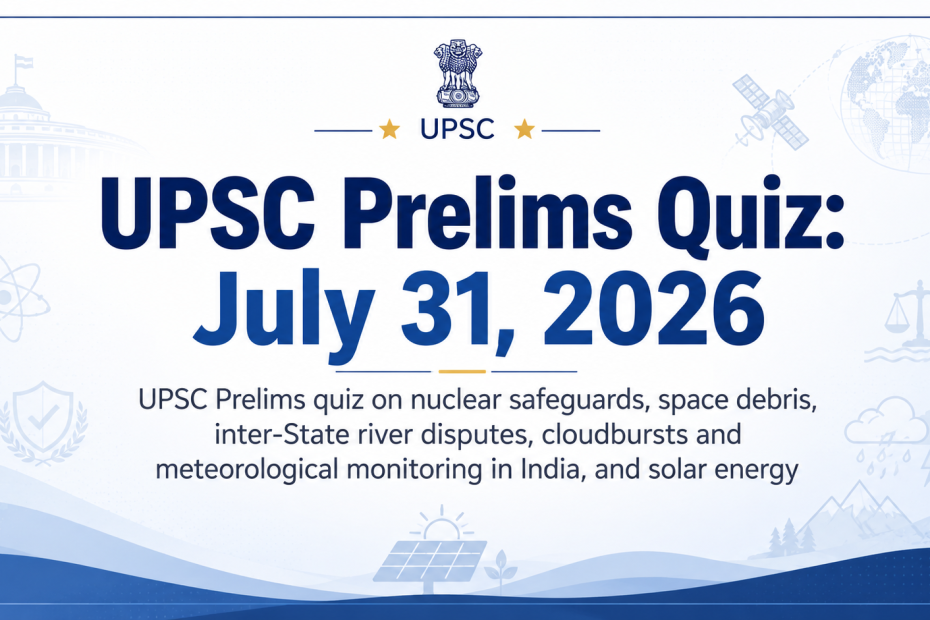 UPSC Prelims Quiz July 31, 2026 feature image with topics including nuclear safeguards, space debris, inter-state river disputes, cloudbursts, meteorological monitoring, and solar energy.