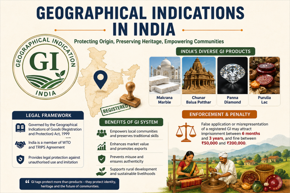 Geographical Indications in India infographic showing GI protection, legal framework, registered products, penalties and benefits for local communities