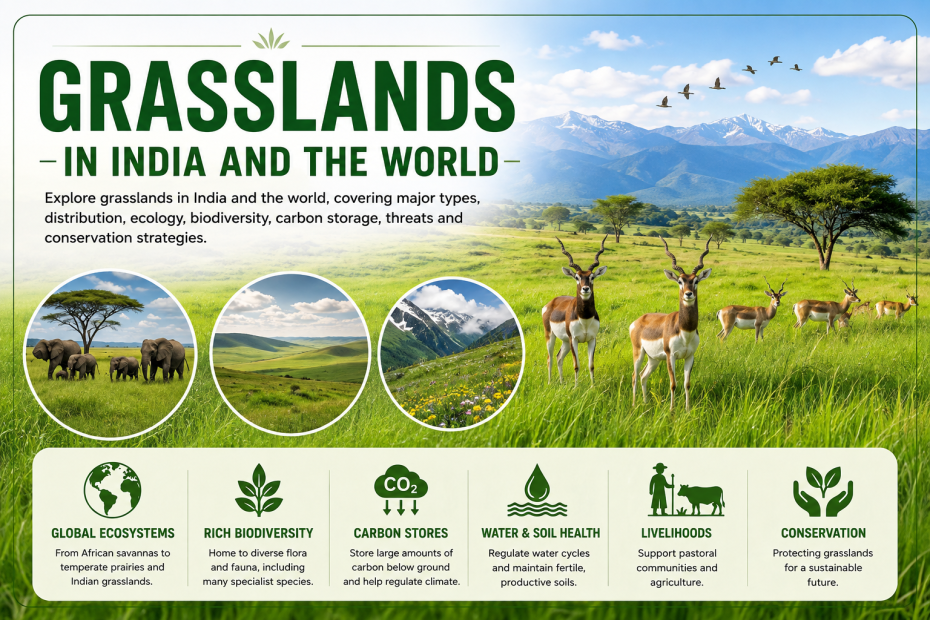 Grasslands in India and the world, showing lush green grasslands, grazing wildlife, scattered trees and Himalayan mountains, highlighting biodiversity, carbon storage and grassland conservation.