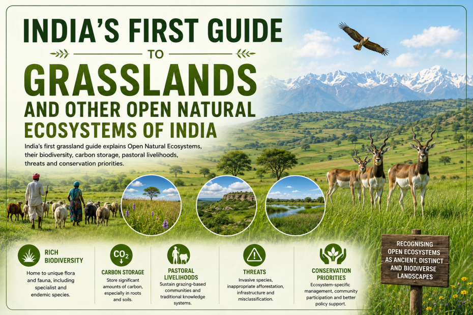 India’s first guide to grasslands and other Open Natural Ecosystems, showing green grasslands, pastoral communities, wildlife and diverse open landscapes, with biodiversity, carbon storage, threats and conservation priorities.