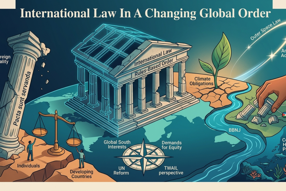 Isometric conceptual graphic illustrating international law in a changing global order, featuring legal scales, climate change obligations, ocean governance, outer space law, and Global South perspectives.