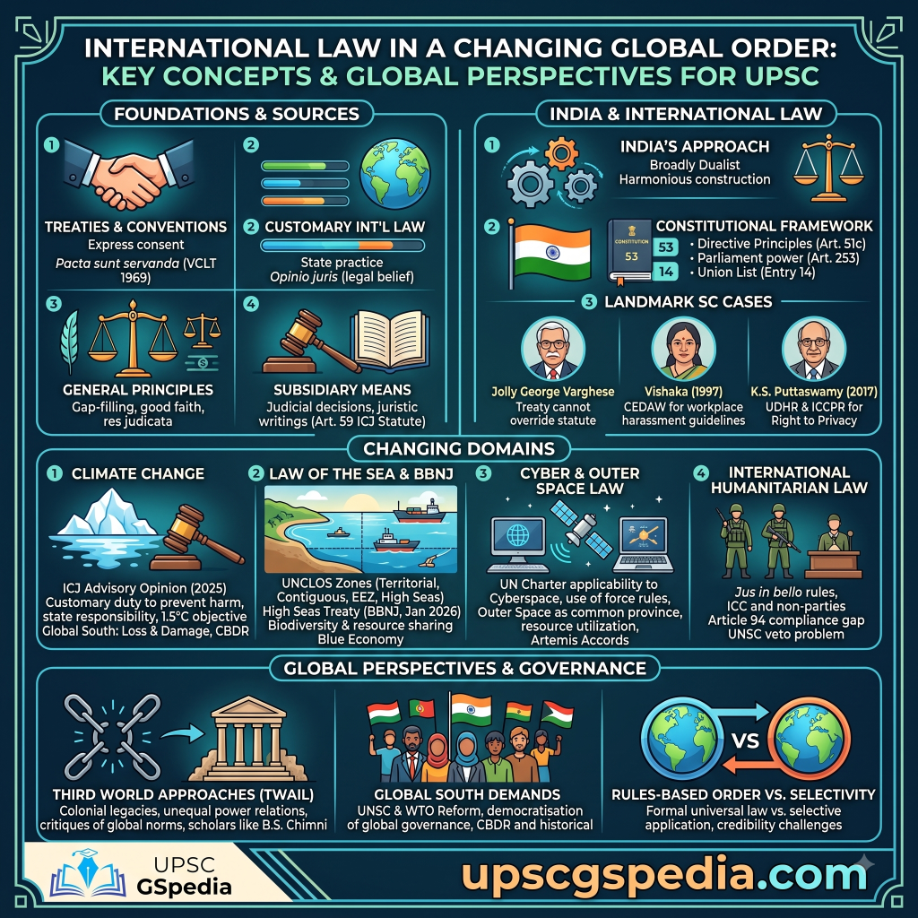 Educational infographic by UPSC GSpedia titled "International Law in a Changing Global Order: Key Concepts & Global Perspectives for UPSC." It outlines sources of international law, India's constitutional approach, emerging legal domains (climate change, UNCLOS/BBNJ, cyber, outer space, and IHL), and Global South perspectives (TWAIL), featuring the UPSC GSpedia logo and upscgspedia.com at the bottom.