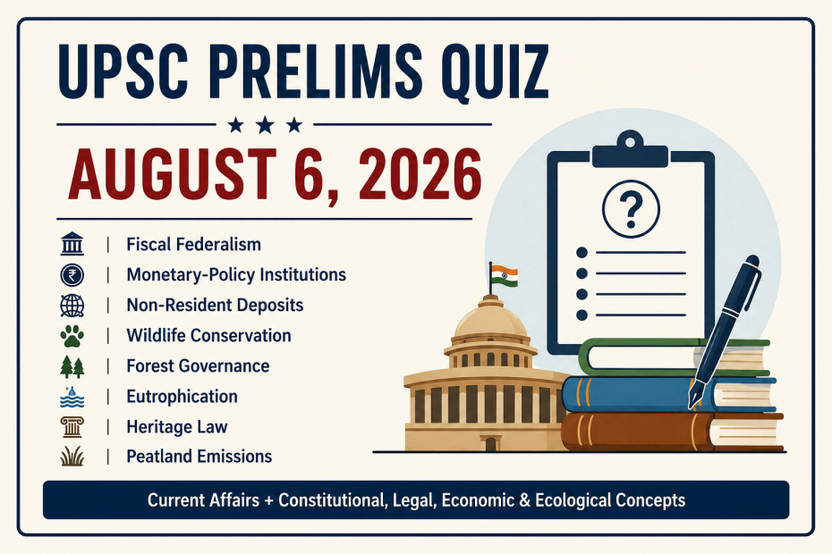 UPSC Prelims Quiz – August 6, 2026 feature image with a clipboard, books, and Indian Parliament illustration, highlighting quiz topics including fiscal federalism, monetary policy, non-resident deposits, wildlife conservation, forest governance, eutrophication, heritage law, and peatland emissions.