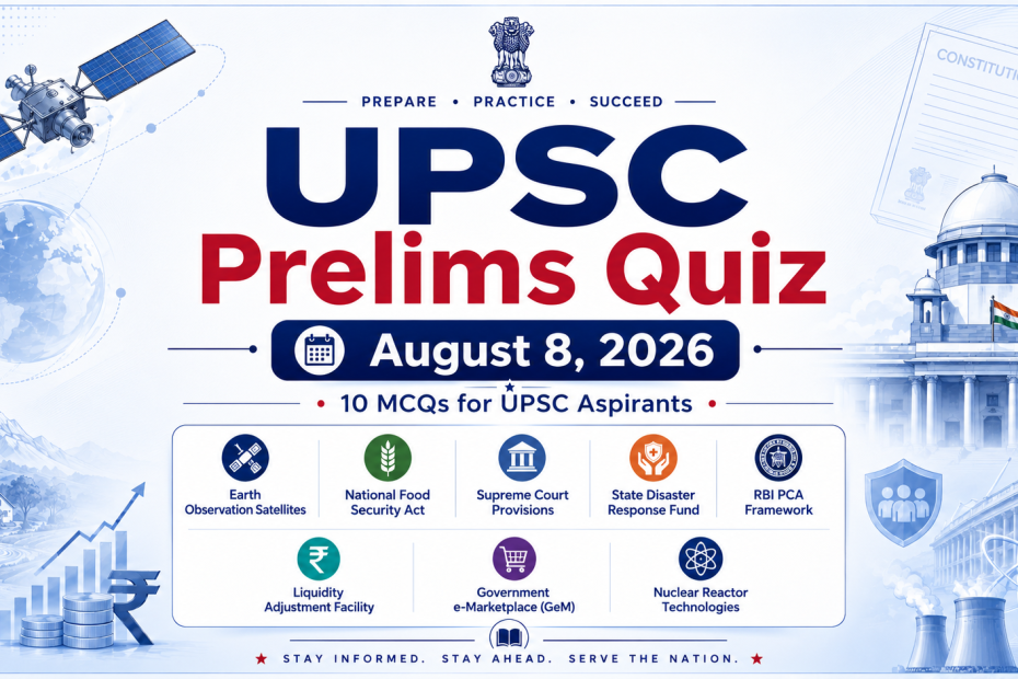 Alt text: UPSC Prelims Quiz for August 8, 2026 featuring 10 MCQs on satellites, food security, Supreme Court, disaster response, RBI, GeM and nuclear technology.