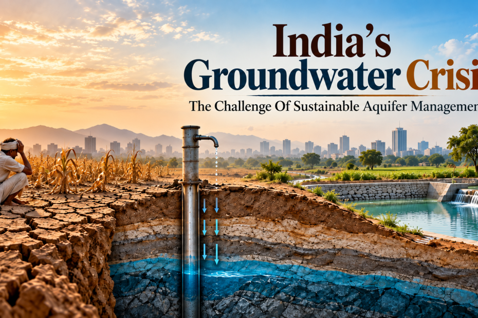 India’s groundwater crisis showing cracked agricultural land, a depleting aquifer, a farmer, a hand pump and sustainable water recharge.