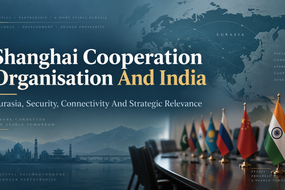 Infographic on the Shanghai Cooperation Organisation and India covering SCO membership, counterterrorism, Eurasian connectivity, wider cooperation, India’s role, opportunities and challenges.
