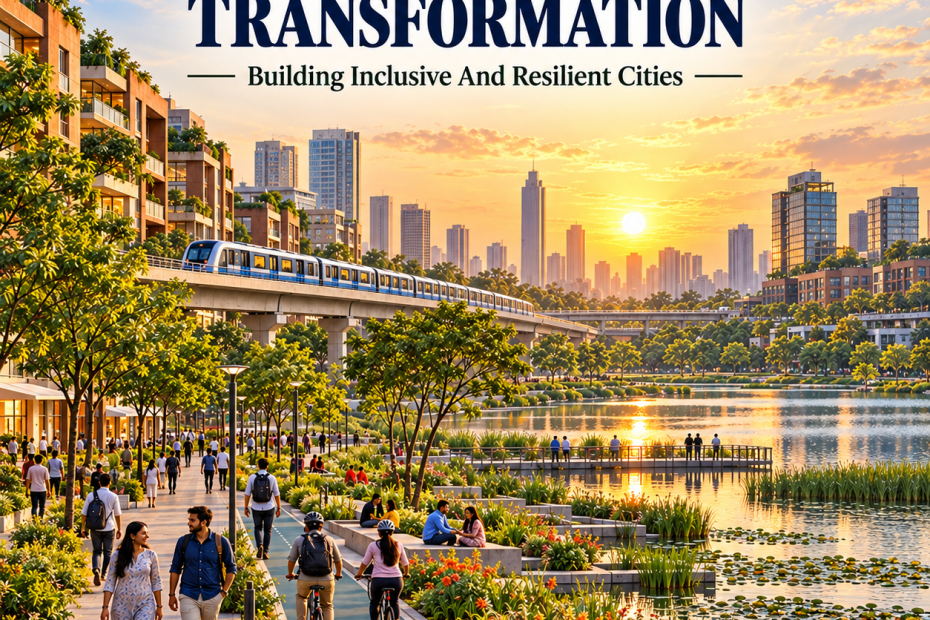 Illustration of India’s urban transformation, featuring a rapid transit train, city skyline, lakeside green space, pedestrians and cyclists.